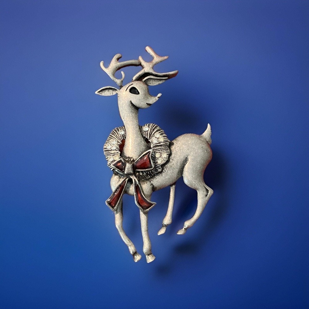 Vintage Reindeer Pin Brooch‎ Pewter-toned Red Enamel Christmas Holiday Signed AS